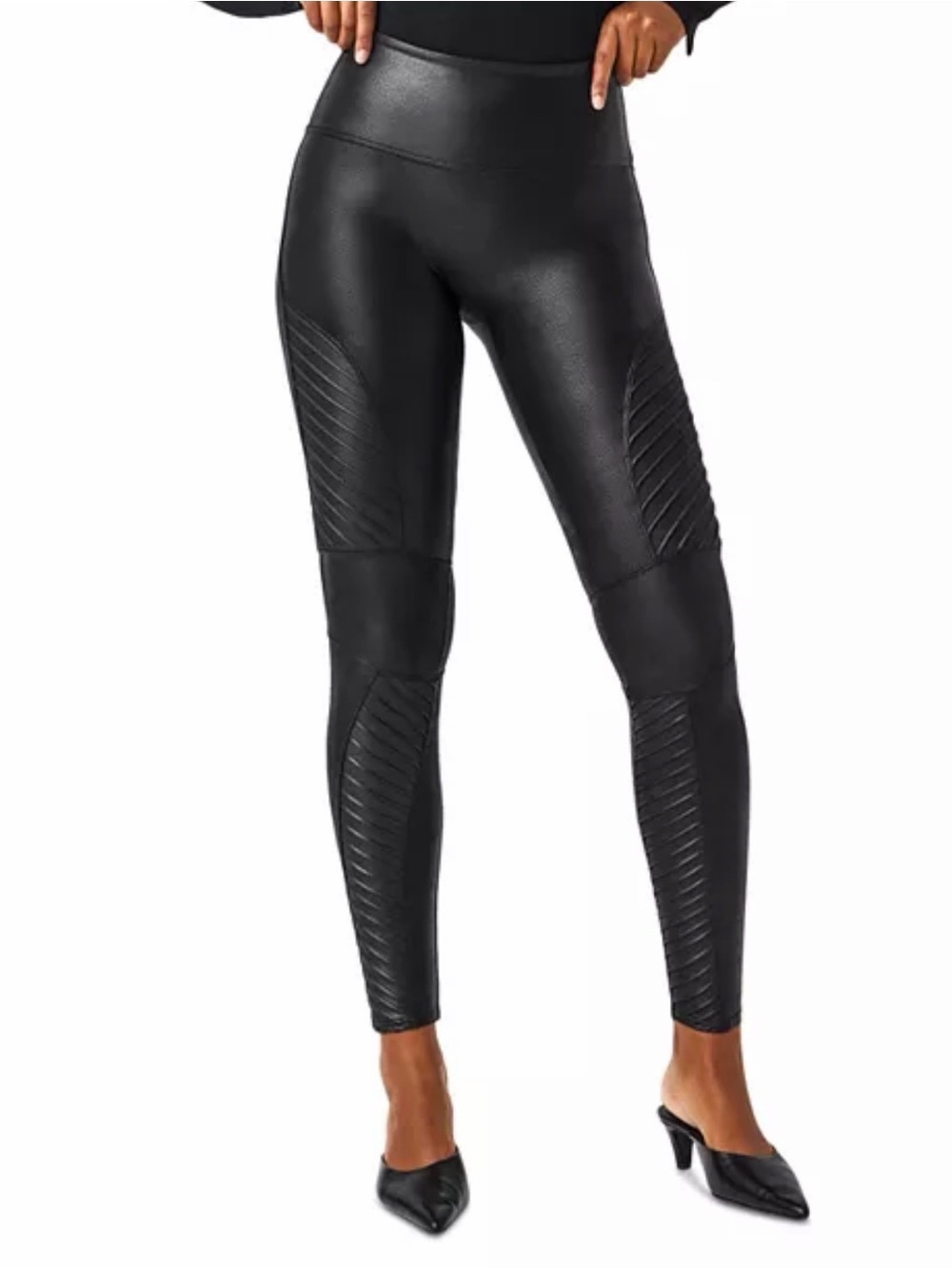 SPANX Faux Leather Moto Leggings Very Black Size Med Shaping High Rise Stretch